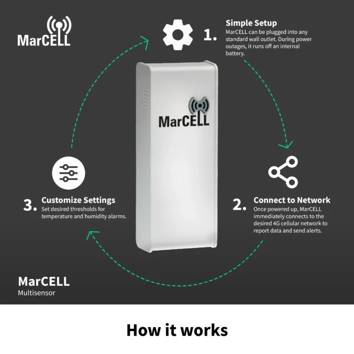 MarCELL Multisensor setup infographic showing steps to connect, configure, and monitor temperature and humidity.