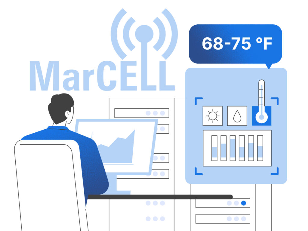 Image showing temperature control in a server room, featuring cooling systems, monitoring devices, and network equipment.