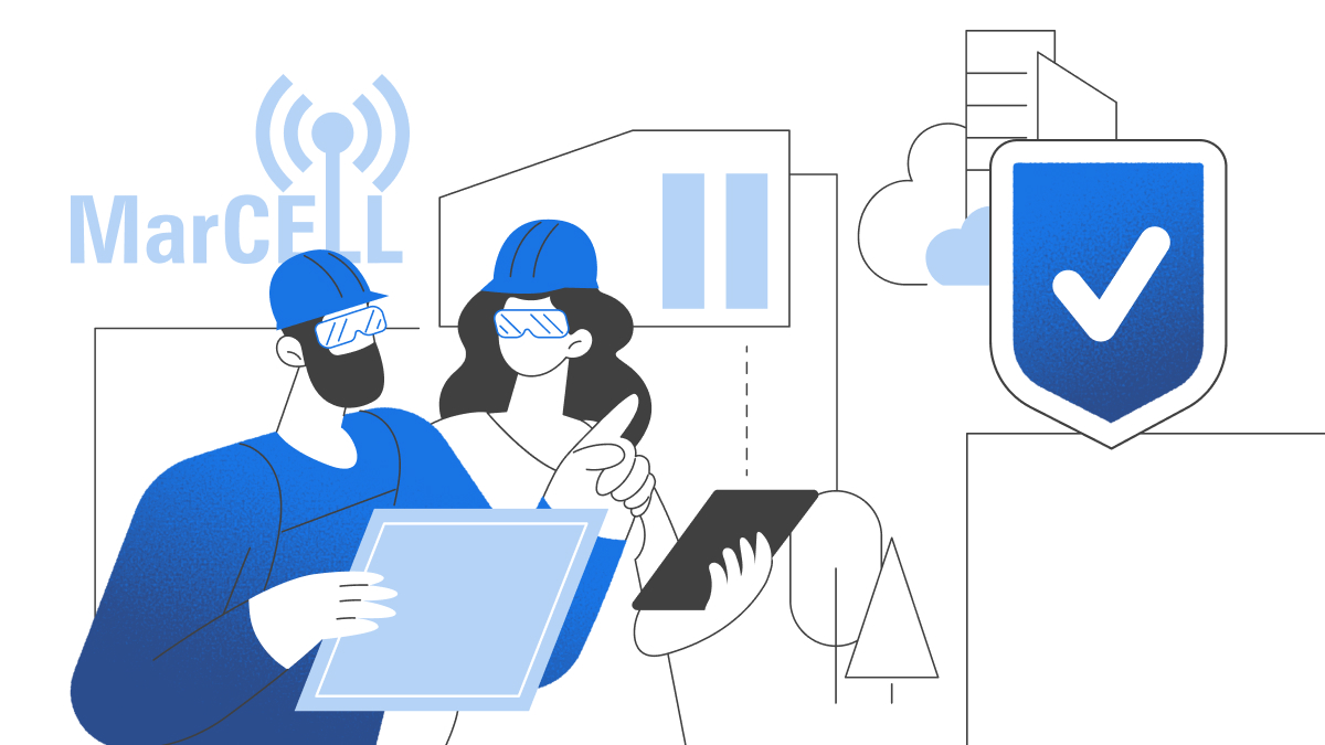 Illustration of two engineers using tablets to monitor environmental data with MarCELL, symbolizing industrial safety and facility monitoring.