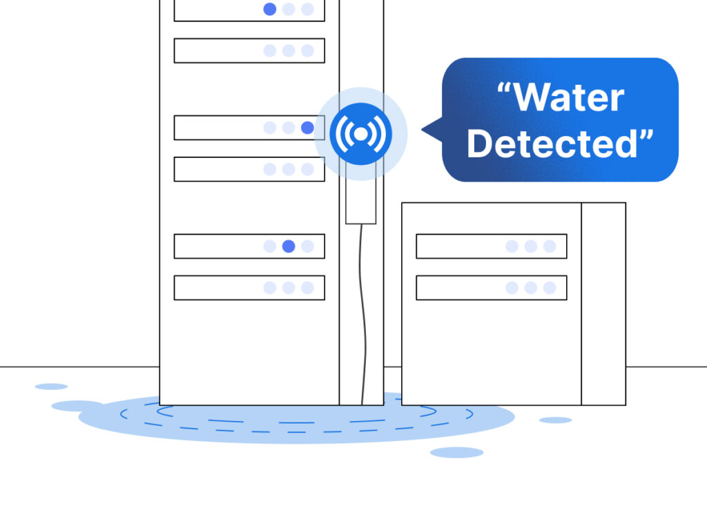 Image showing water leak detection in a server room, featuring smart sensors, raised flooring, and protected IT equipment.