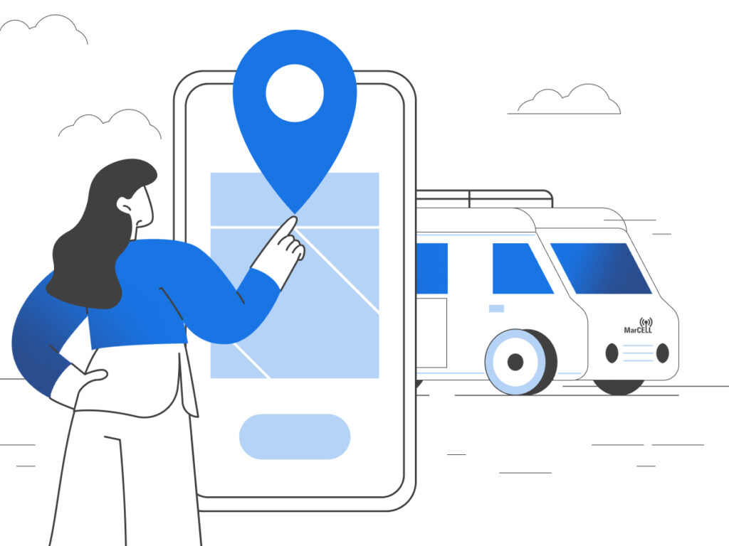 Illustration of GPS navigation apps like CoPilot, GasBuddy, and Pilot Flying J helping RV travelers plan fuel stops and routes efficiently.