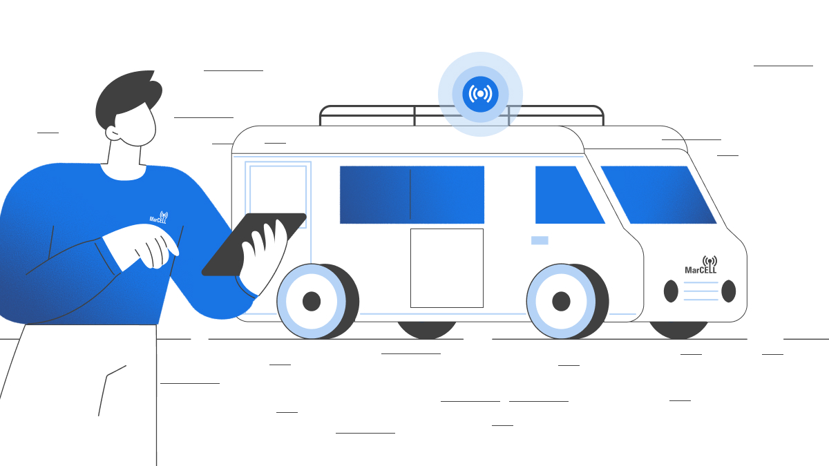 Illustration of a person monitoring RV conditions remotely using the MarCELL mobile app, showing connectivity and smart alerts.