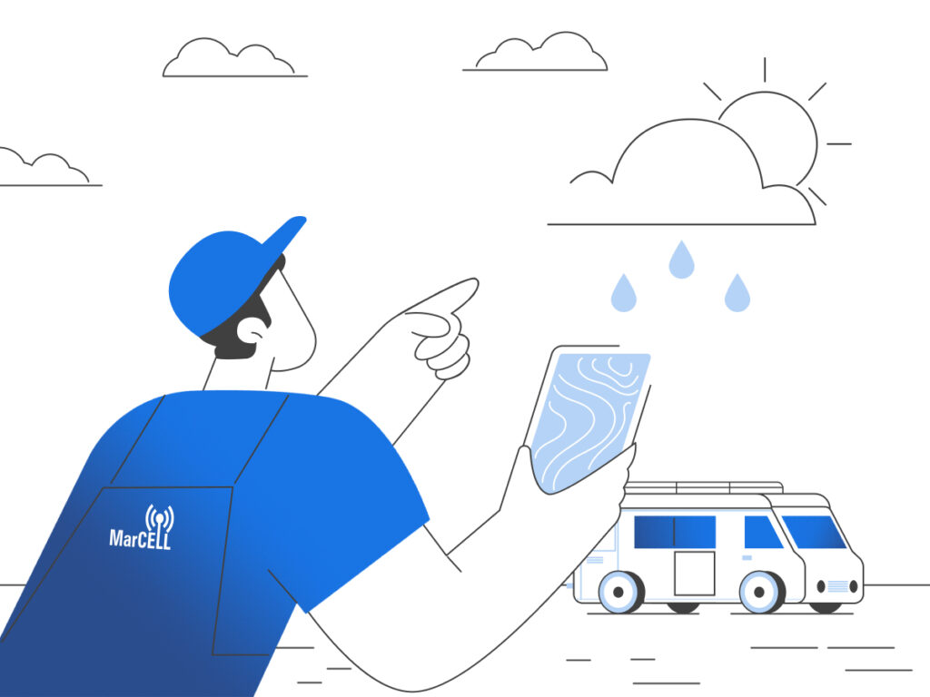 Graphic featuring the MarCELL weather radio system, designed to alert RV travelers to severe weather conditions during their trips.