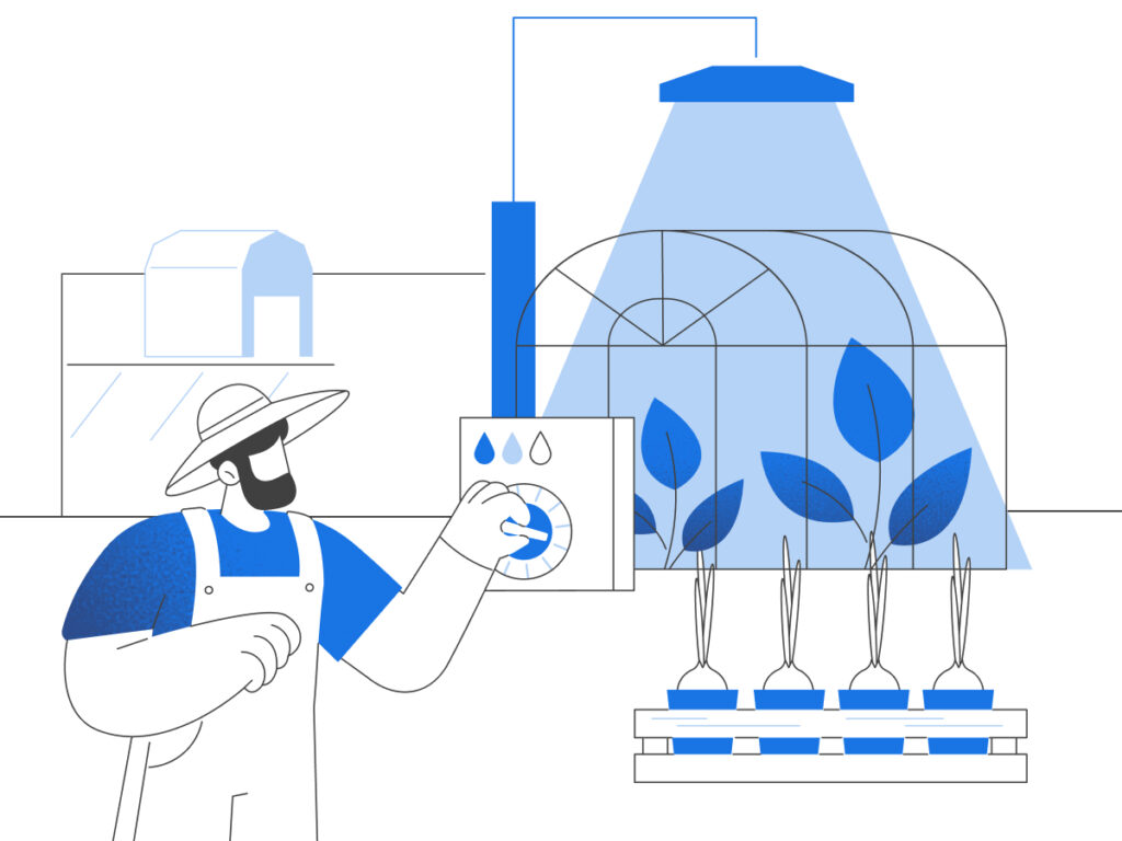 Image showing nighttime heating in a greenhouse, featuring heat sources, insulated structures, and healthy plants under controlled conditions.