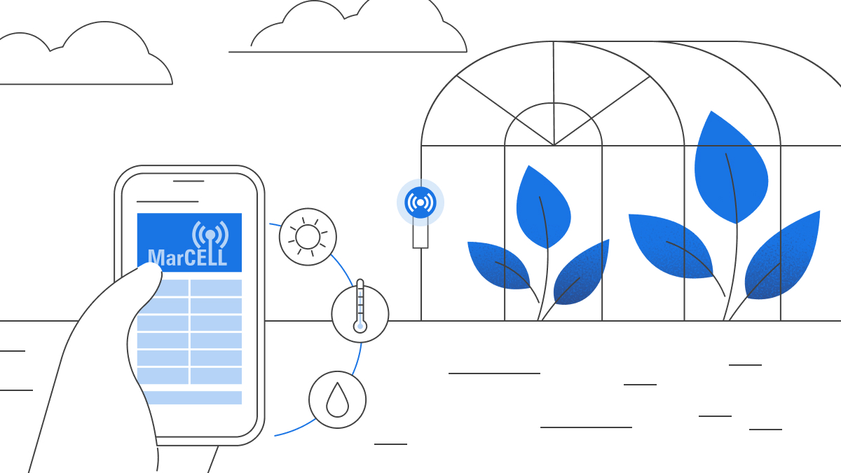 Illustration of a greenhouse monitored by MarCELL, showing real time temperature, humidity, and light data on a mobile device.