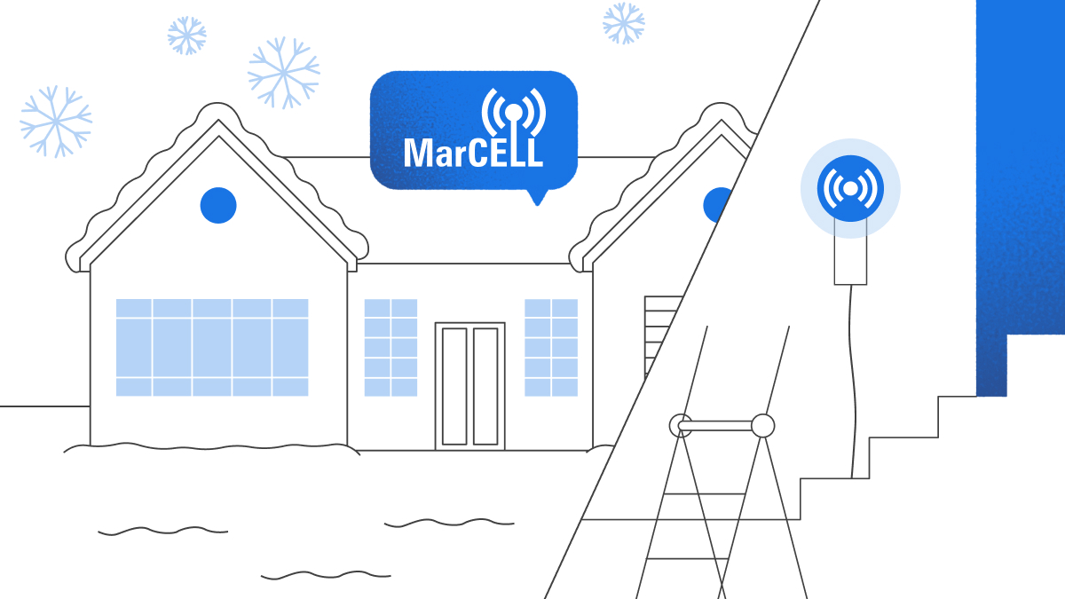 Illustration of a house with the MarCELL device monitoring temperature and humidity, representing home environment protection.