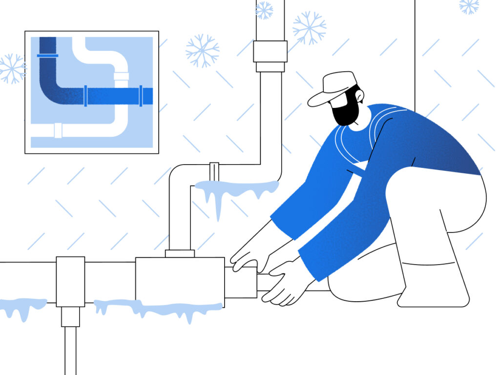 Image explaining why water pipes freeze and how to prevent it, featuring cold weather conditions, exposed plumbing, and insulation techniques.