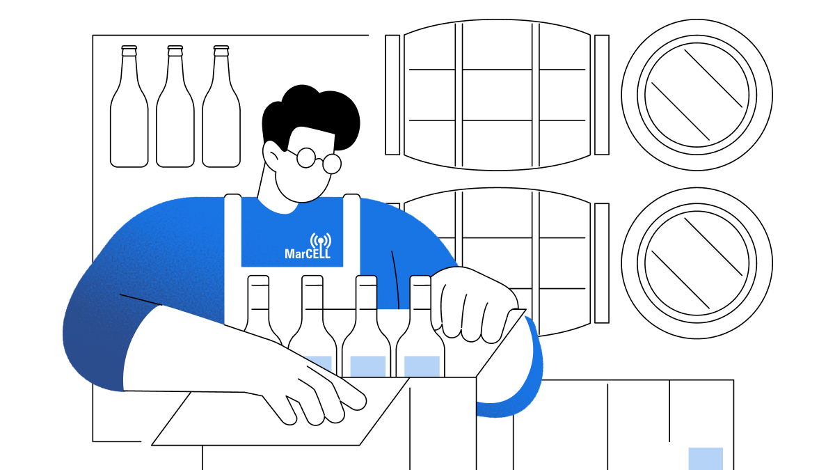 Illustration of a cellar worker organizing wine bottles while using MarCELL temperature monitoring.