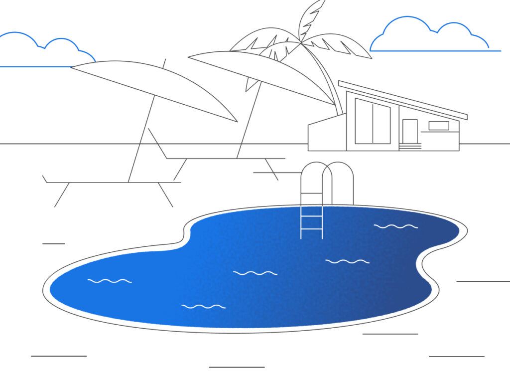 Image showing outdoor summer preparation for a southern home, featuring trimmed landscaping, secured furniture, and storm-readiness measures.