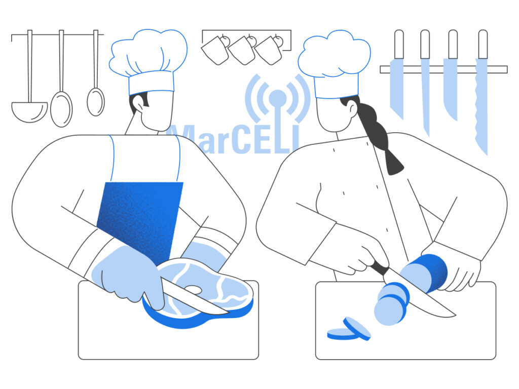 Image showing safe food preparation practices in a commercial kitchen, emphasizing cross-contamination prevention and hygiene protocols.