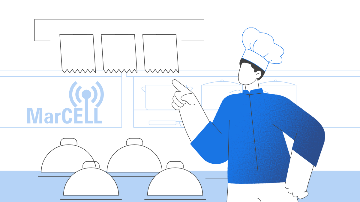 Illustration of a chef in a commercial kitchen with the MarCELL logo, representing temperature and humidity monitoring for restaurants.