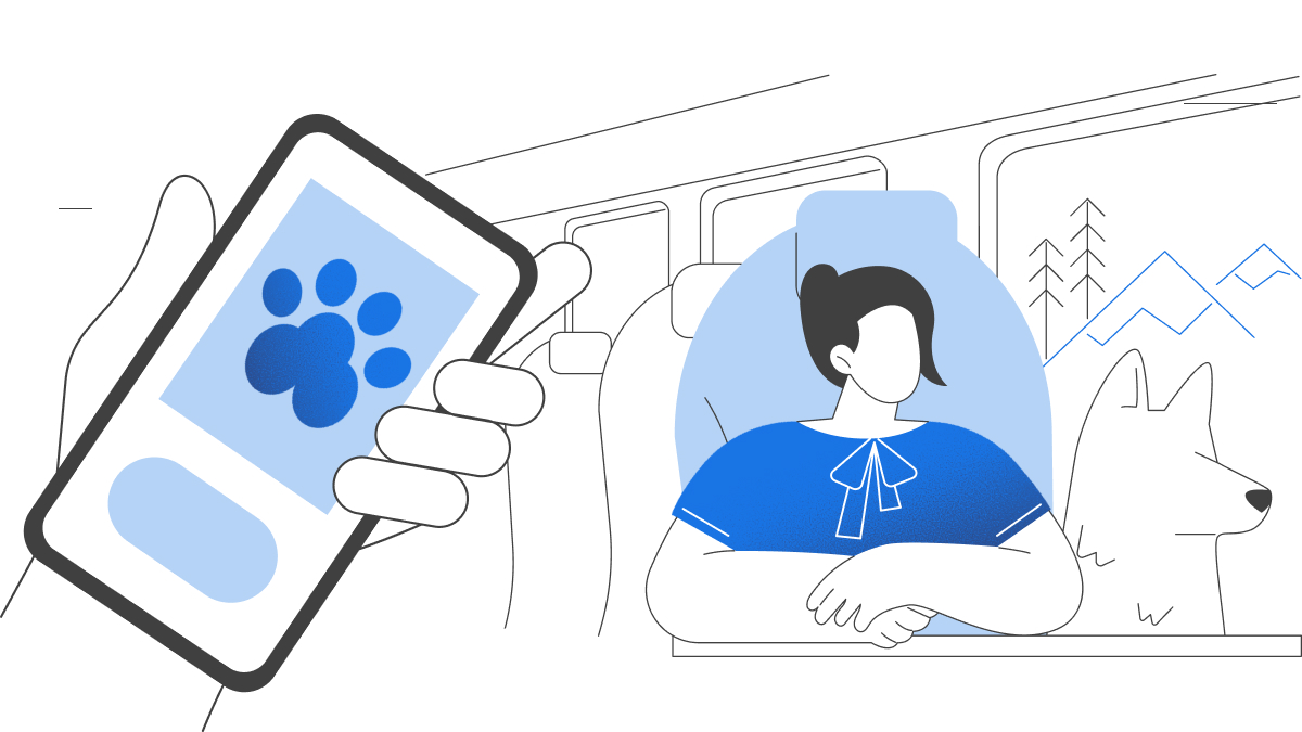 Illustration of a woman in a vehicle monitoring her pet through the MarCELL mobile app, symbolizing pet temperature and humidity alerts.