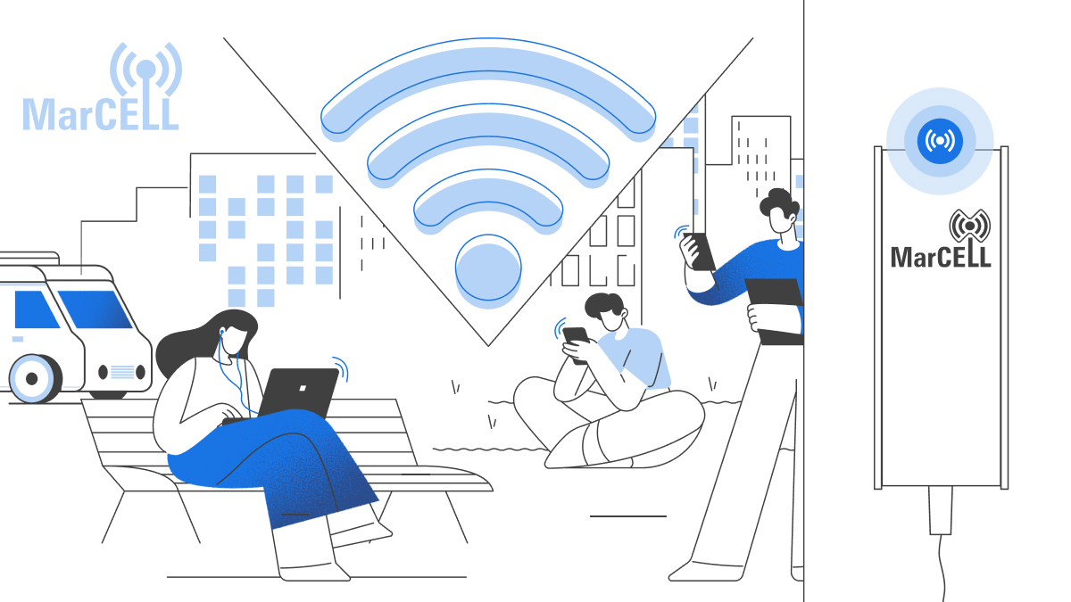 Illustration showing people using connected devices with a MarCELL monitor symbolizing wireless connectivity.