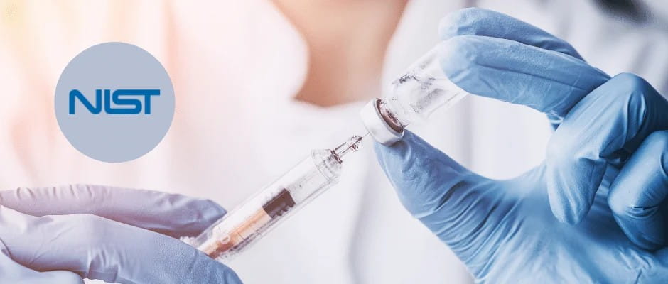 Laboratory technician preparing a syringe next to the NIST logo, representing MarCELL’s NIST traceable temperature monitoring accuracy.