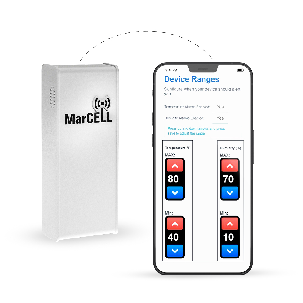 MarCELL Multisensor with mobile app showing adjustable temperature and humidity alert settings.