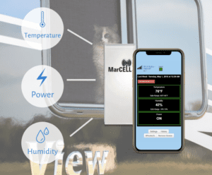 MarCELL Multisensor monitoring temperature, power, and humidity inside an RV using the mobile app.