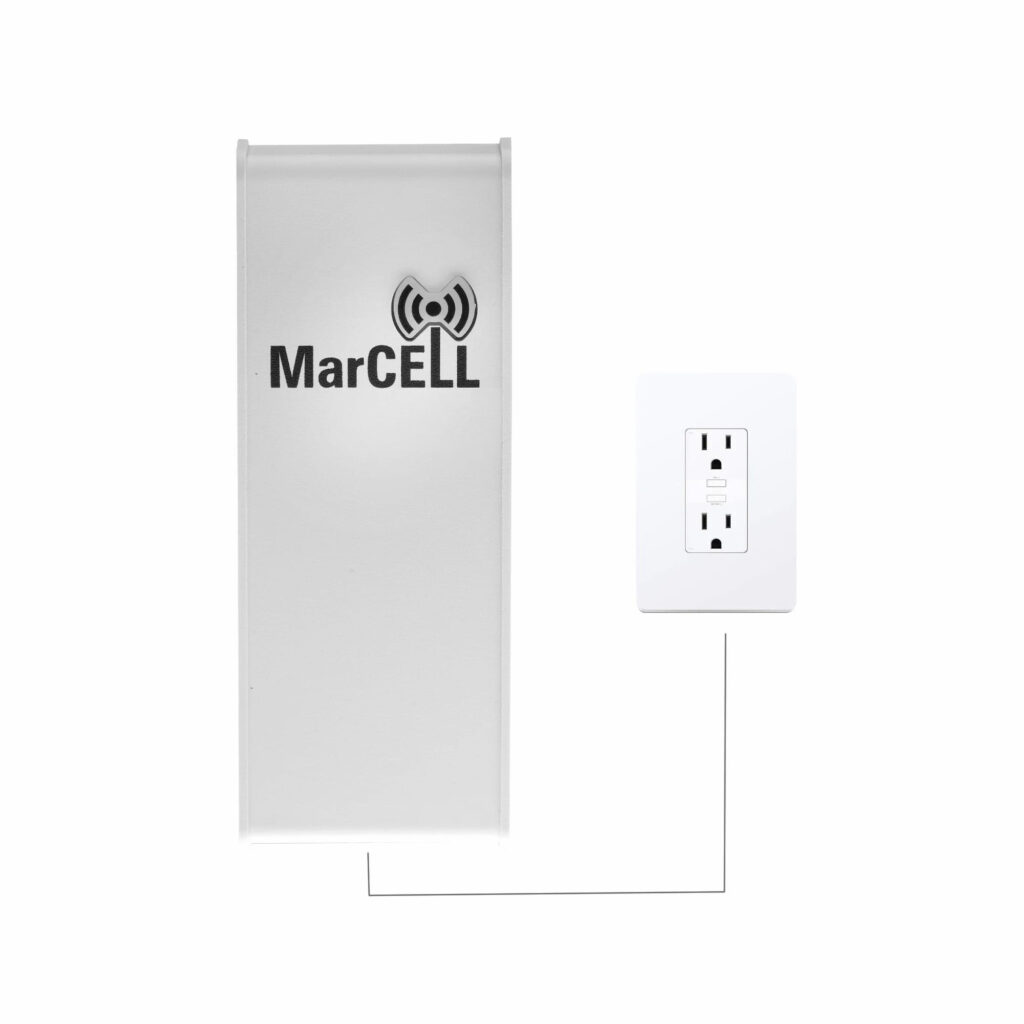 MarCELL device connected to a wall power outlet, representing setup and power monitoring.