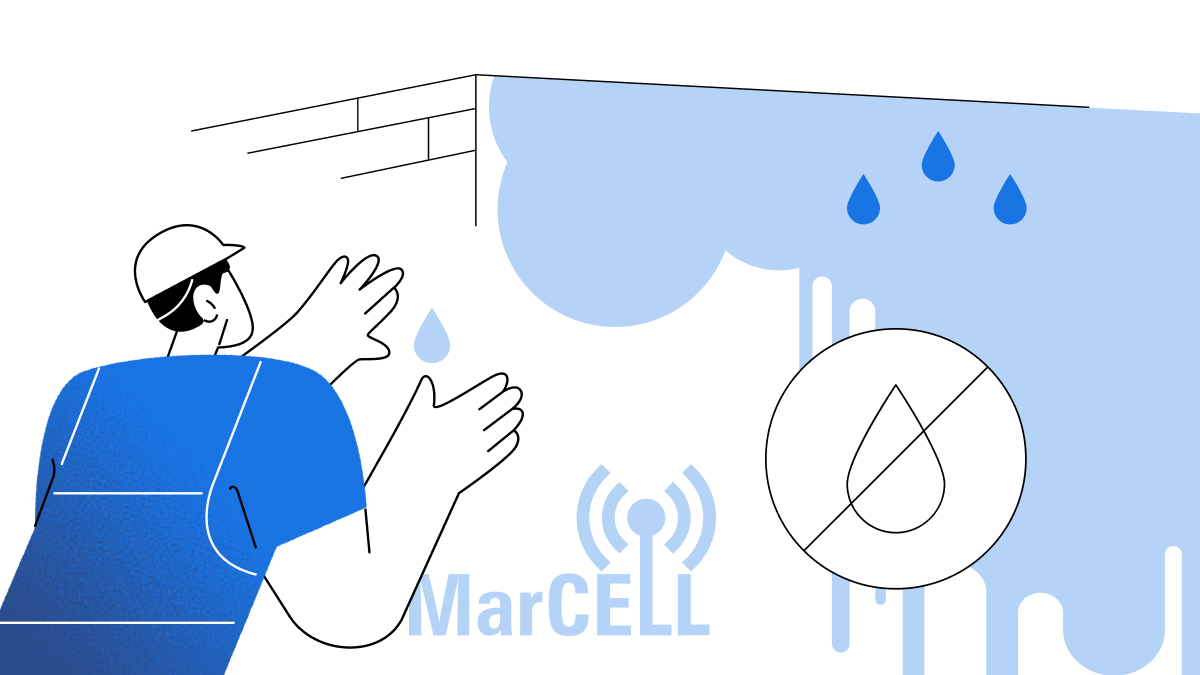 Illustration of a worker inspecting water leaks with blue drops and the MarCELL logo, representing smart leak detection technology.
