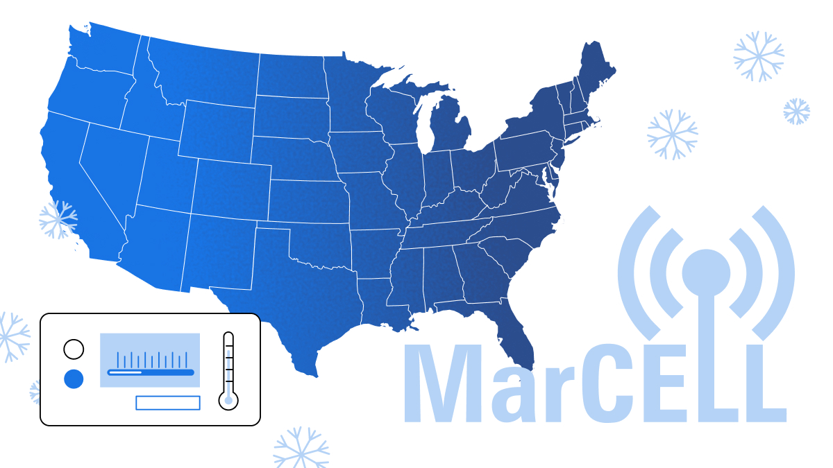 Winter themed map of the United States highlighting MarCELL’s nationwide coverage for temperature and power monitoring.