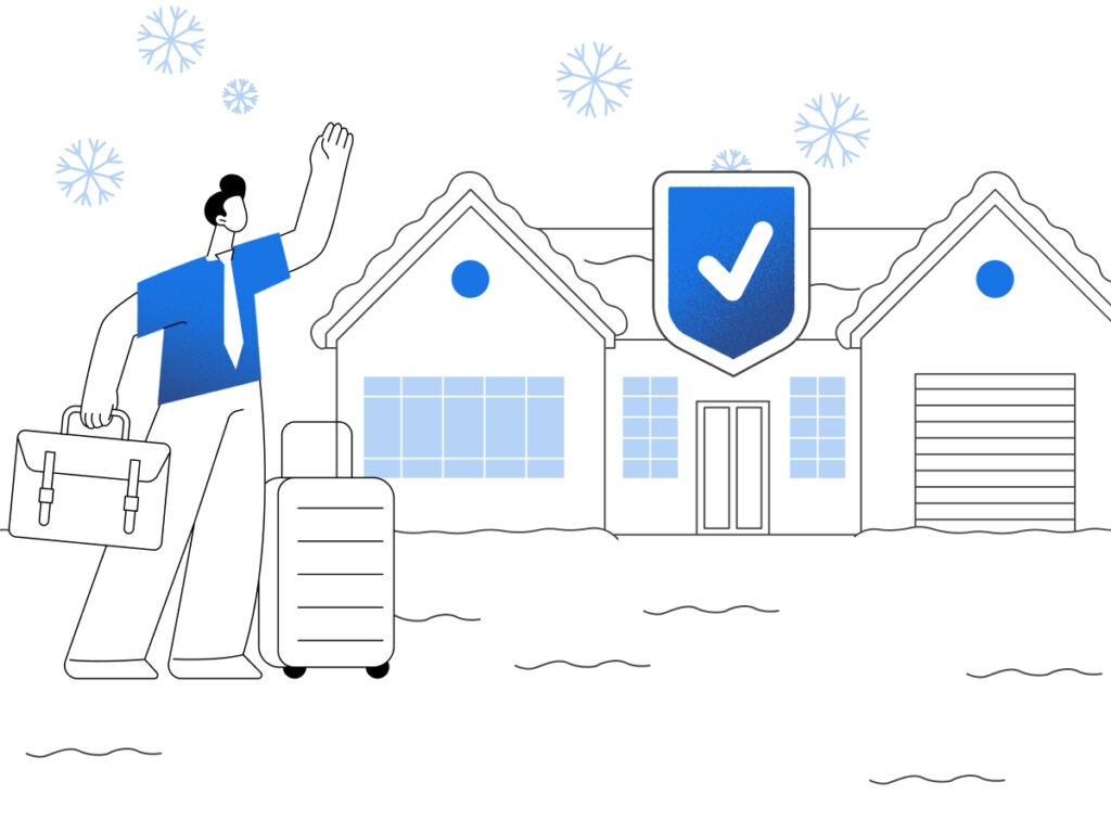 Image showing a winter home left unattended, featuring remote monitoring tools, snow-covered surroundings, and secure property measures.
