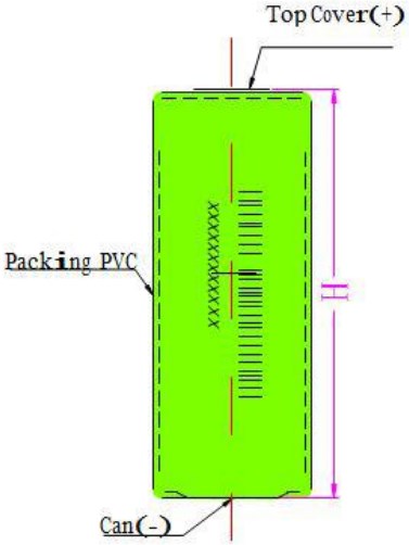 Technical side view diagram showing the structure of a cylindrical lithium ion cell used in MarCELL devices, including top cover, can, and PVC packing.