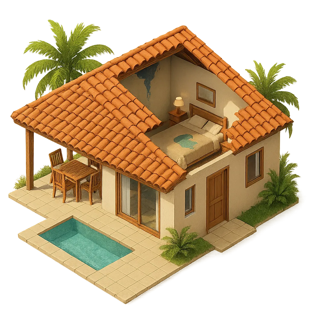 Illustration of a home interior showing a water leak on the bed, representing MarCELL Home Watch monitoring protection.