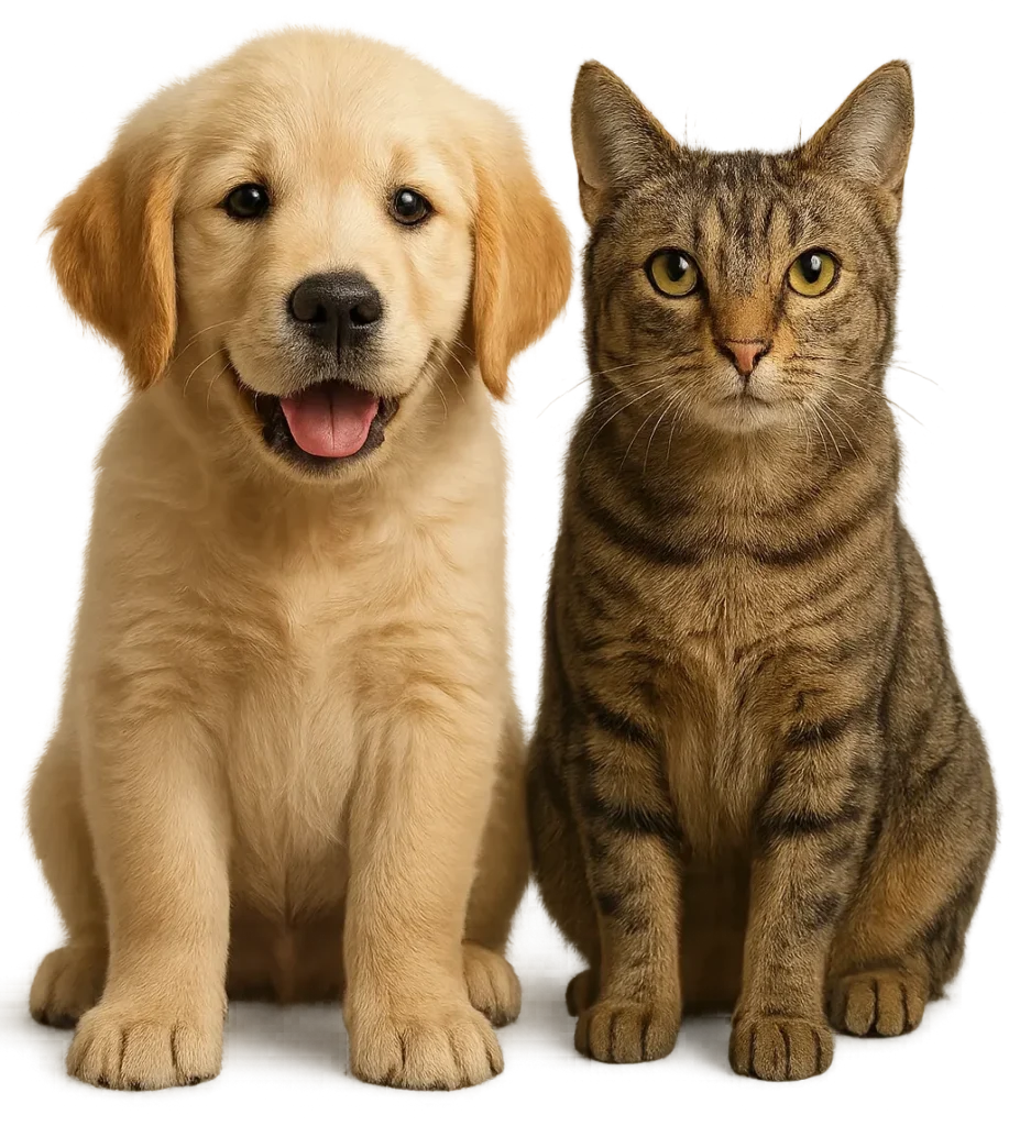 Dog and cat representing MarCELL Pet Watch monitoring for pets’ safety.
