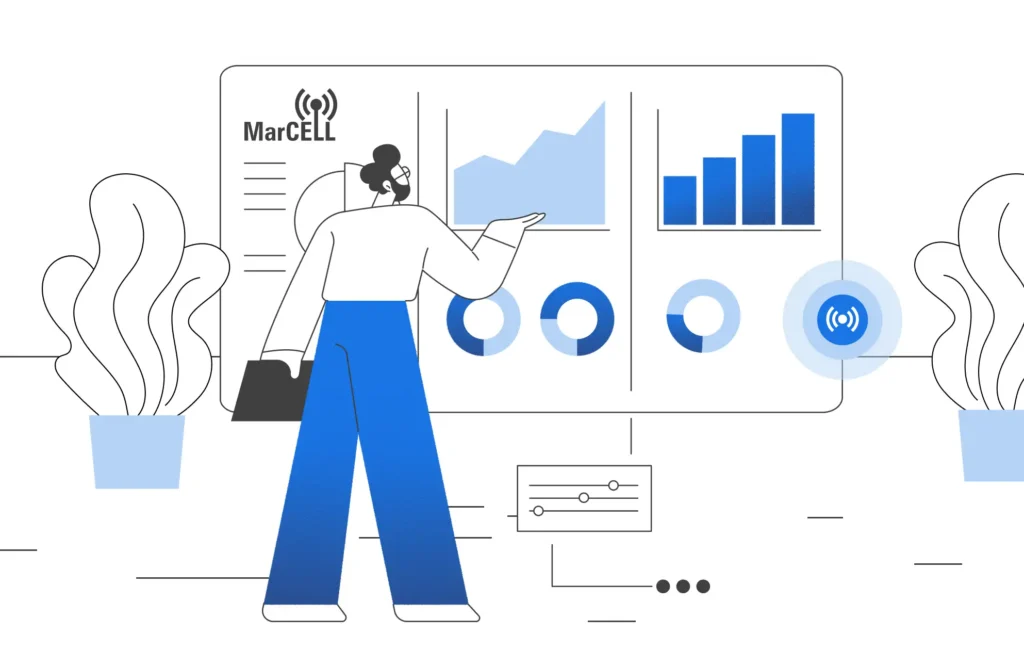 Illustration of a woman analyzing temperature and humidity data from a MarCELL cellular monitor dashboard