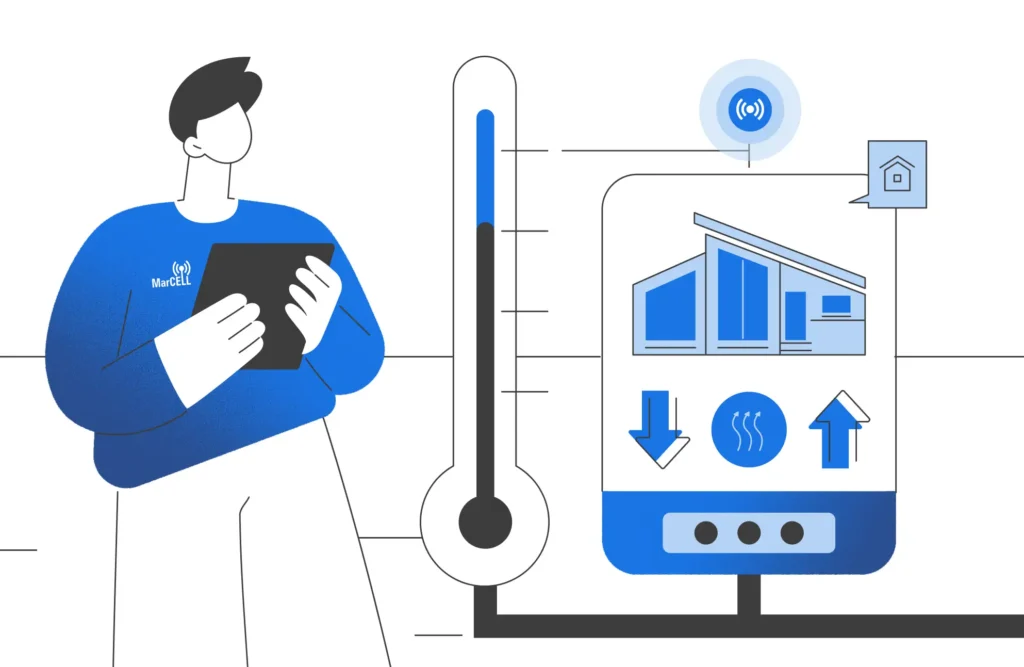 Person using a MarCELL tablet app to monitor a smart home’s temperature and humidity changes with real-time alerts and heating system icons