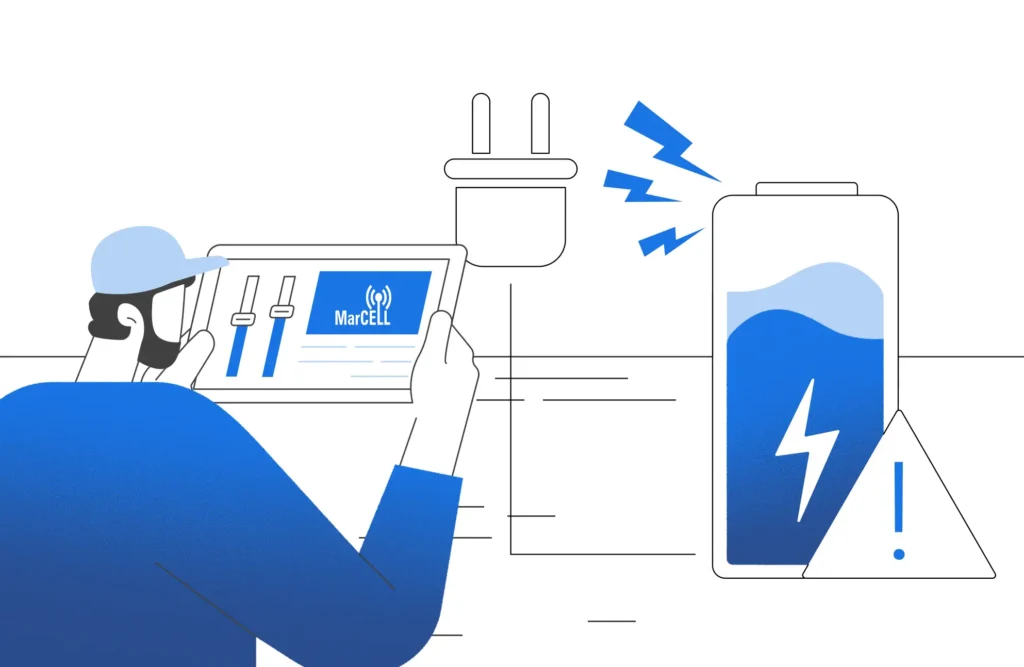 Illustration of a person using a MarCELL dashboard on a tablet to monitor power and battery status with an energy alert icon