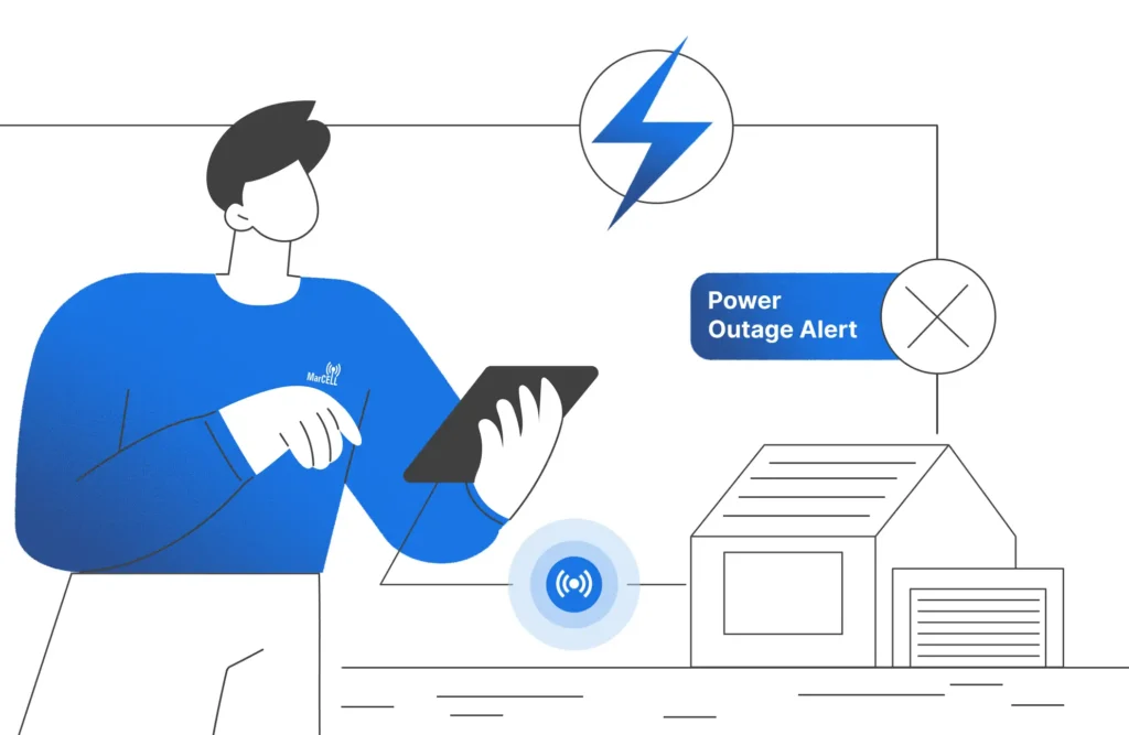 Illustration of a user receiving a power outage alert on a tablet connected to the MarCELL monitoring system