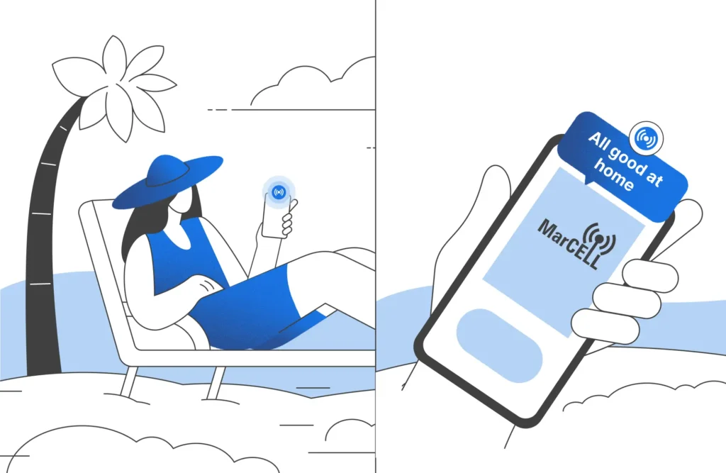 Woman relaxing on the beach while monitoring her home remotely using the MarCELL mobile app