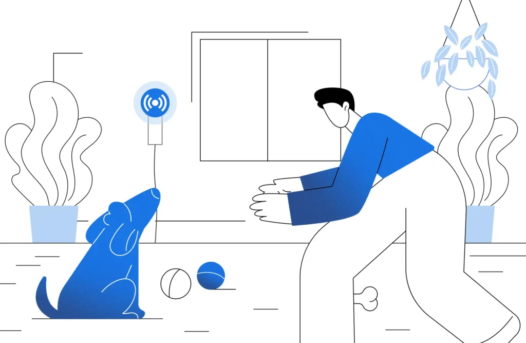 Illustration of a person playing with a dog near a MarCELL sensor used to monitor indoor temperature and humidity