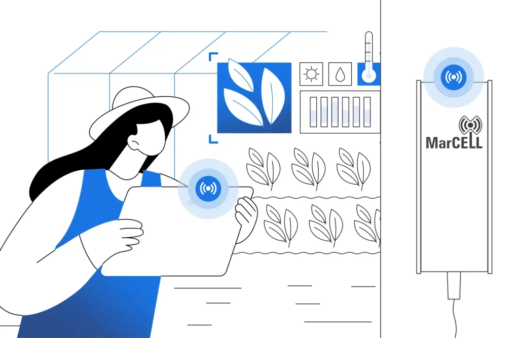 Illustration of a woman monitoring temperature, humidity, and sunlight in a greenhouse using a MarCELL environmental sensor
