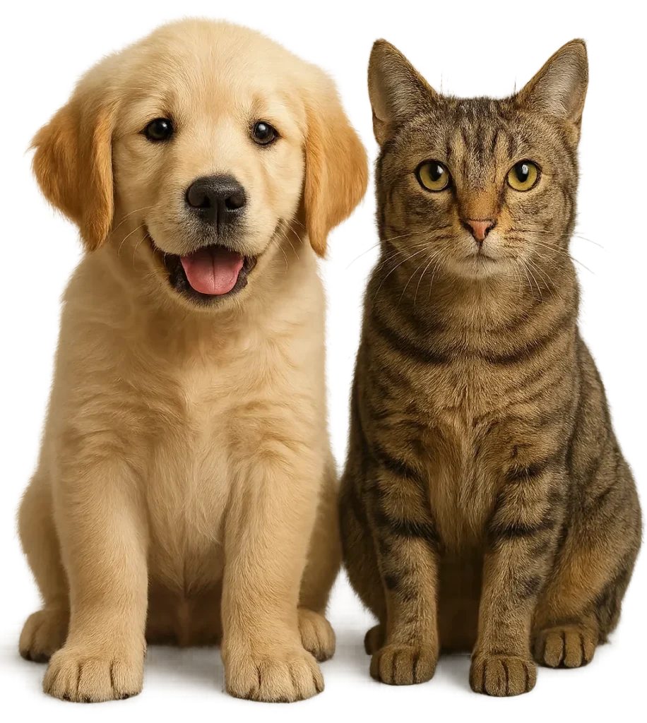 Golden retriever puppy and tabby cat representing MarCELL Pet Watch monitoring for pets’ safety.