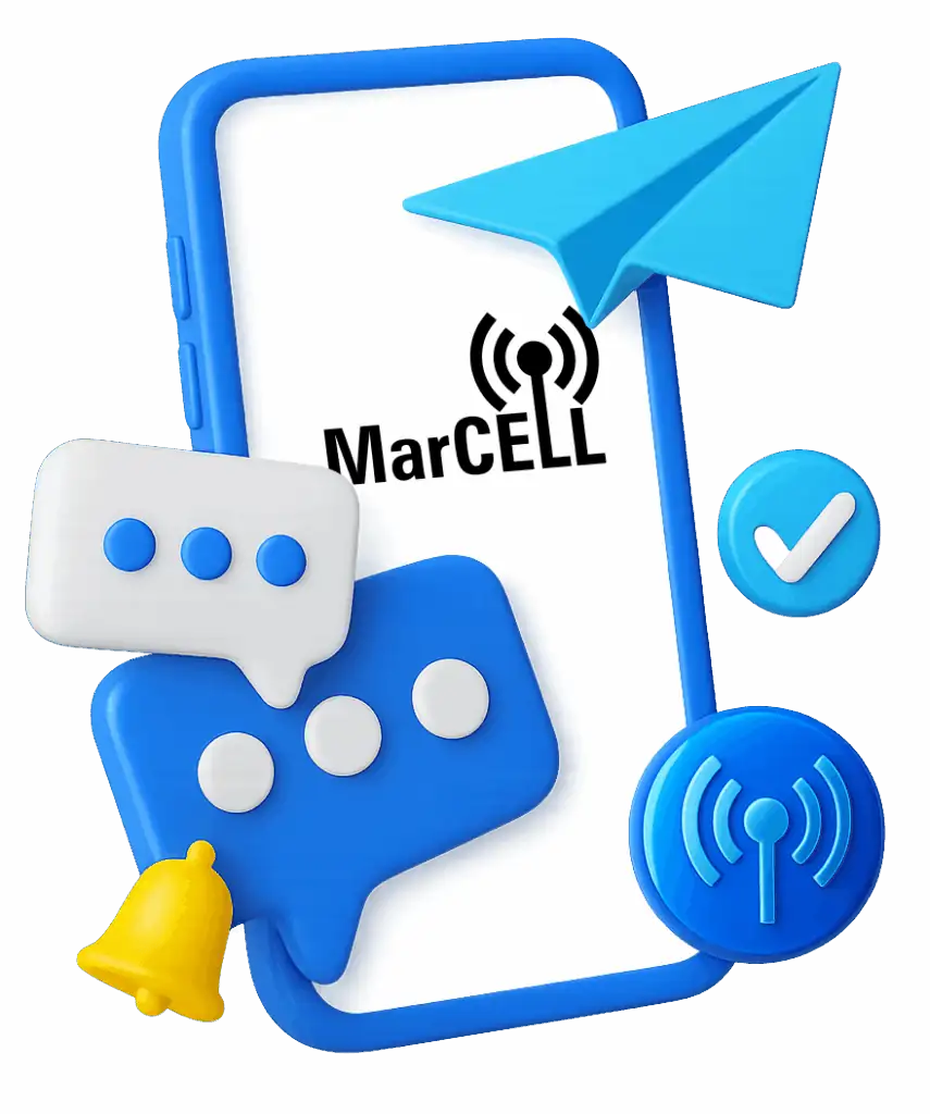 3D illustration of a smartphone with chat bubbles, paper plane, and MarCELL logo representing customer support communication.