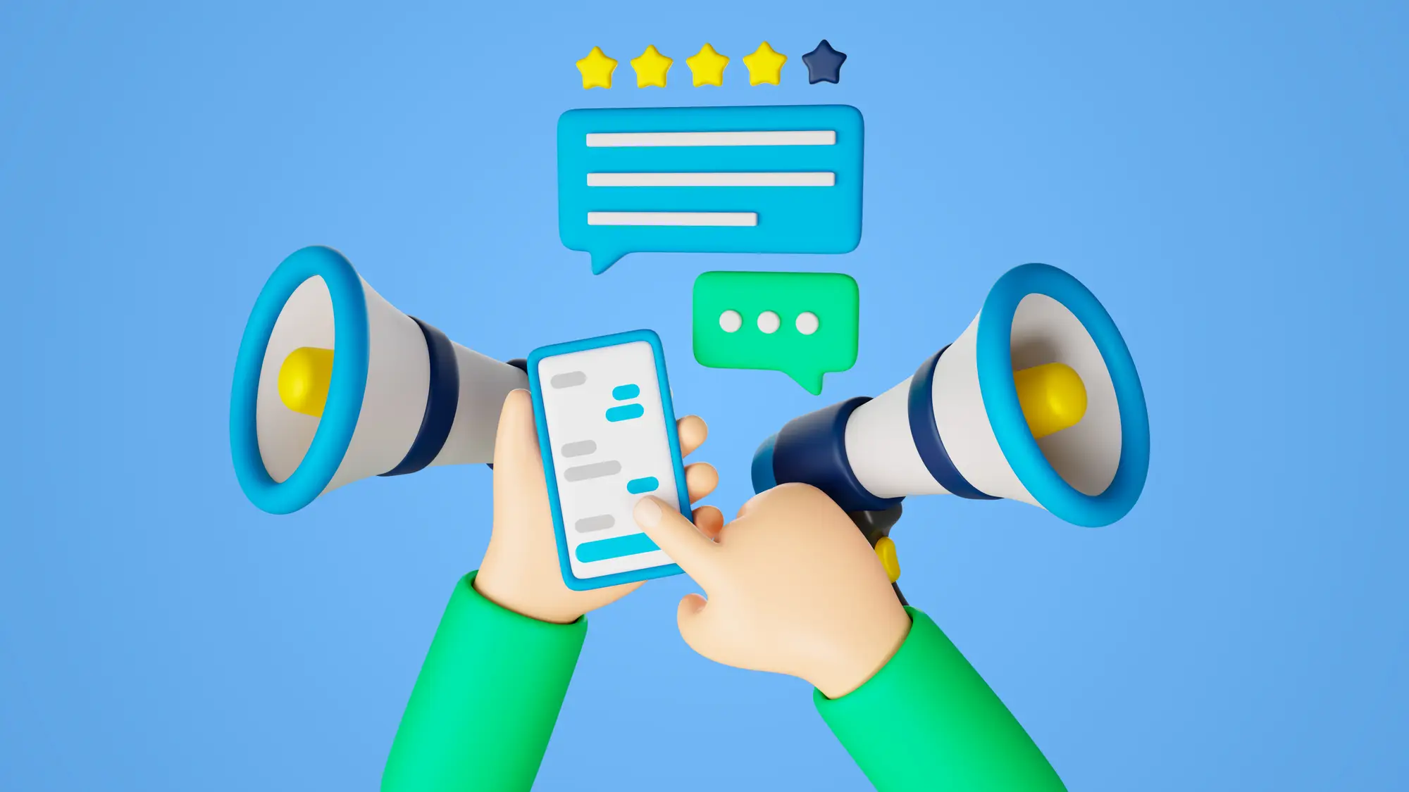 3D illustration of digital reviews and feedback with megaphones, chat bubbles, and a smartphone.