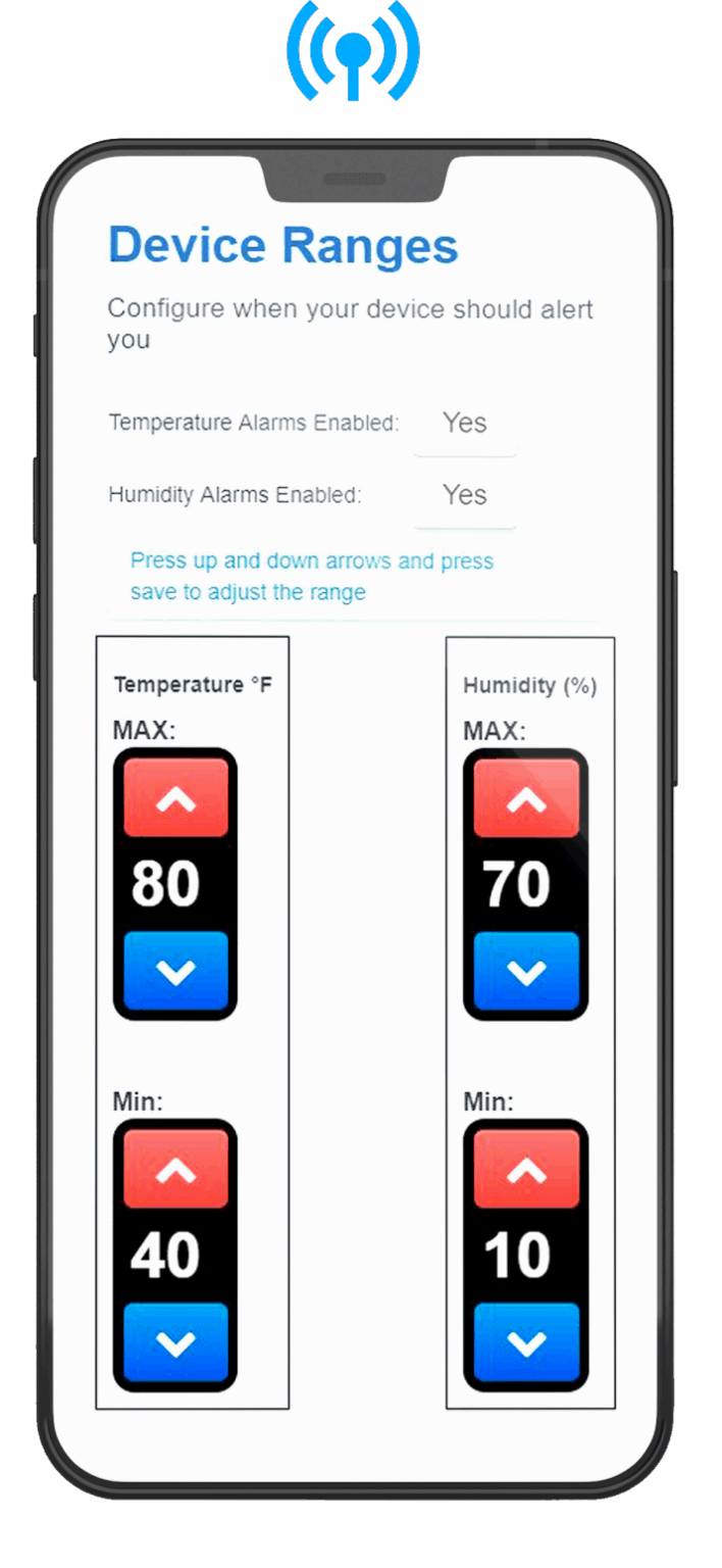 Mobile phone displaying MarCELL app screen for configuring temperature and humidity alert ranges.