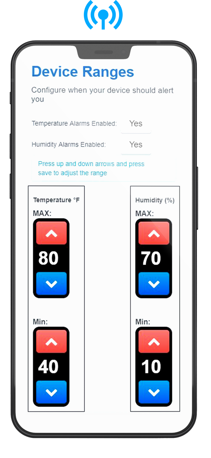 Mobile phone displaying MarCELL app screen for configuring temperature and humidity alert ranges.