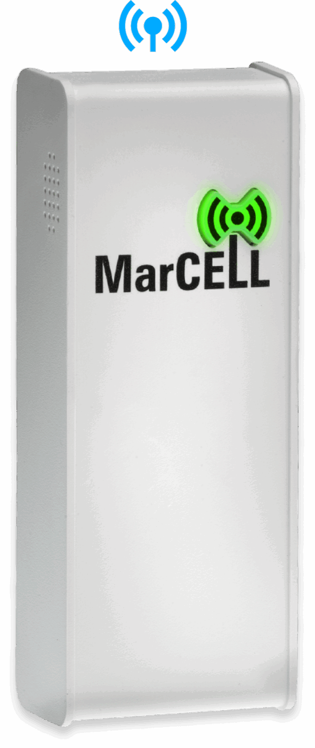 MarCELL cellular temperature and humidity monitoring device with active green signal light and wireless connectivity icon.
