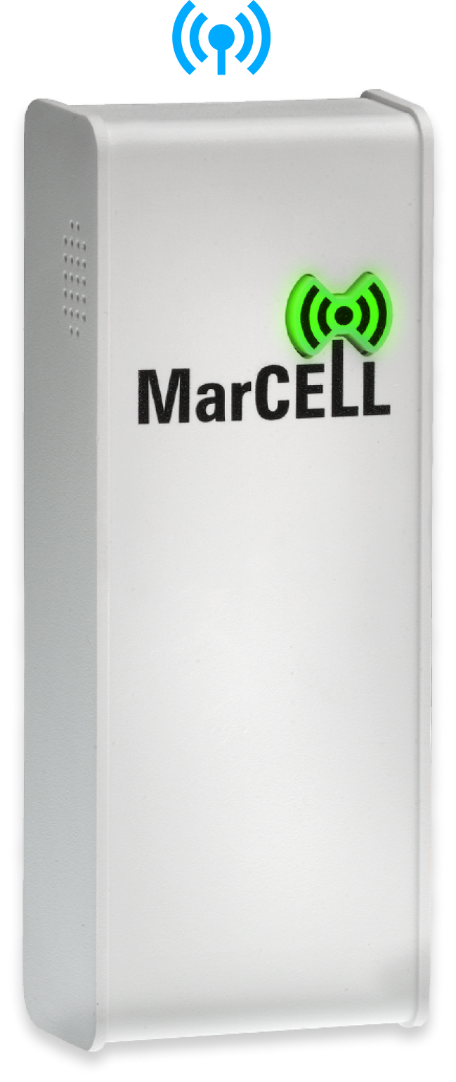 MarCELL cellular temperature and humidity monitoring device with active green signal light and wireless connectivity icon.