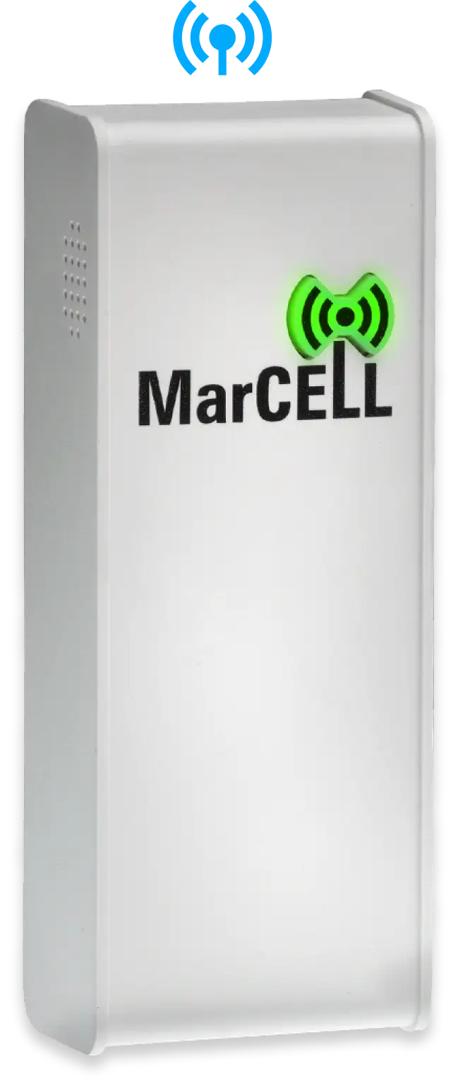 MarCELL cellular temperature and humidity monitoring device with active green signal light and wireless connectivity icon.