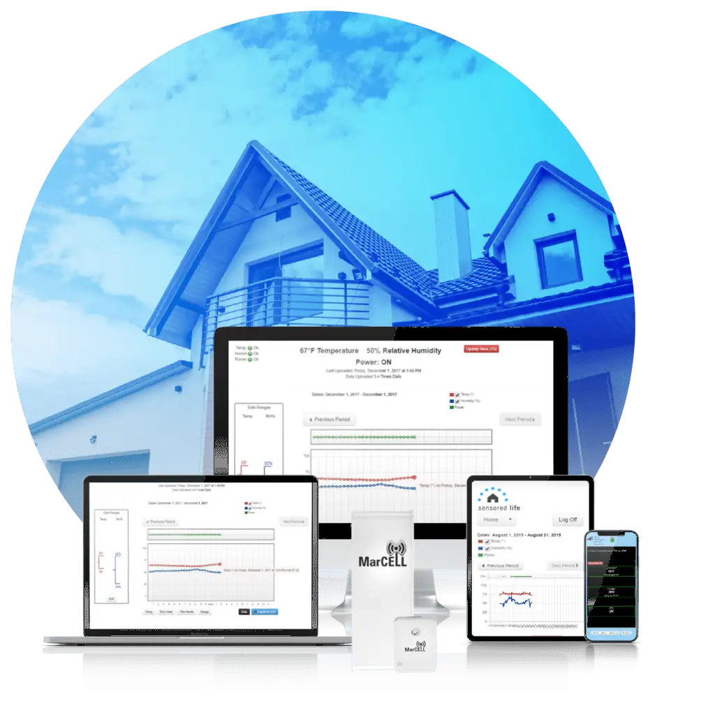 MarCELL device and monitoring dashboard displayed across multiple screens with a modern home in the background.
