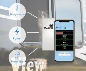 MarCELL Multisensor monitoring temperature, power, and humidity inside an RV using the mobile app.