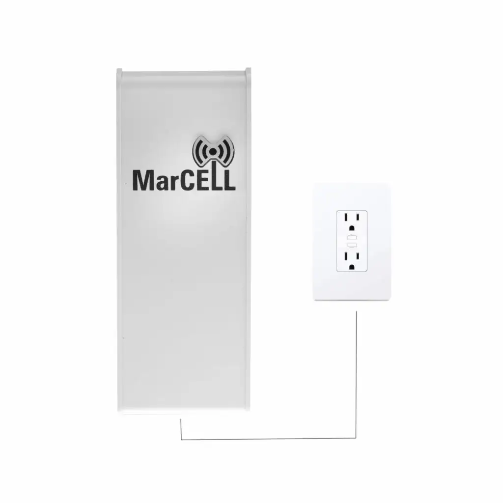 MarCELL device connected to a wall power outlet, representing setup and power monitoring.