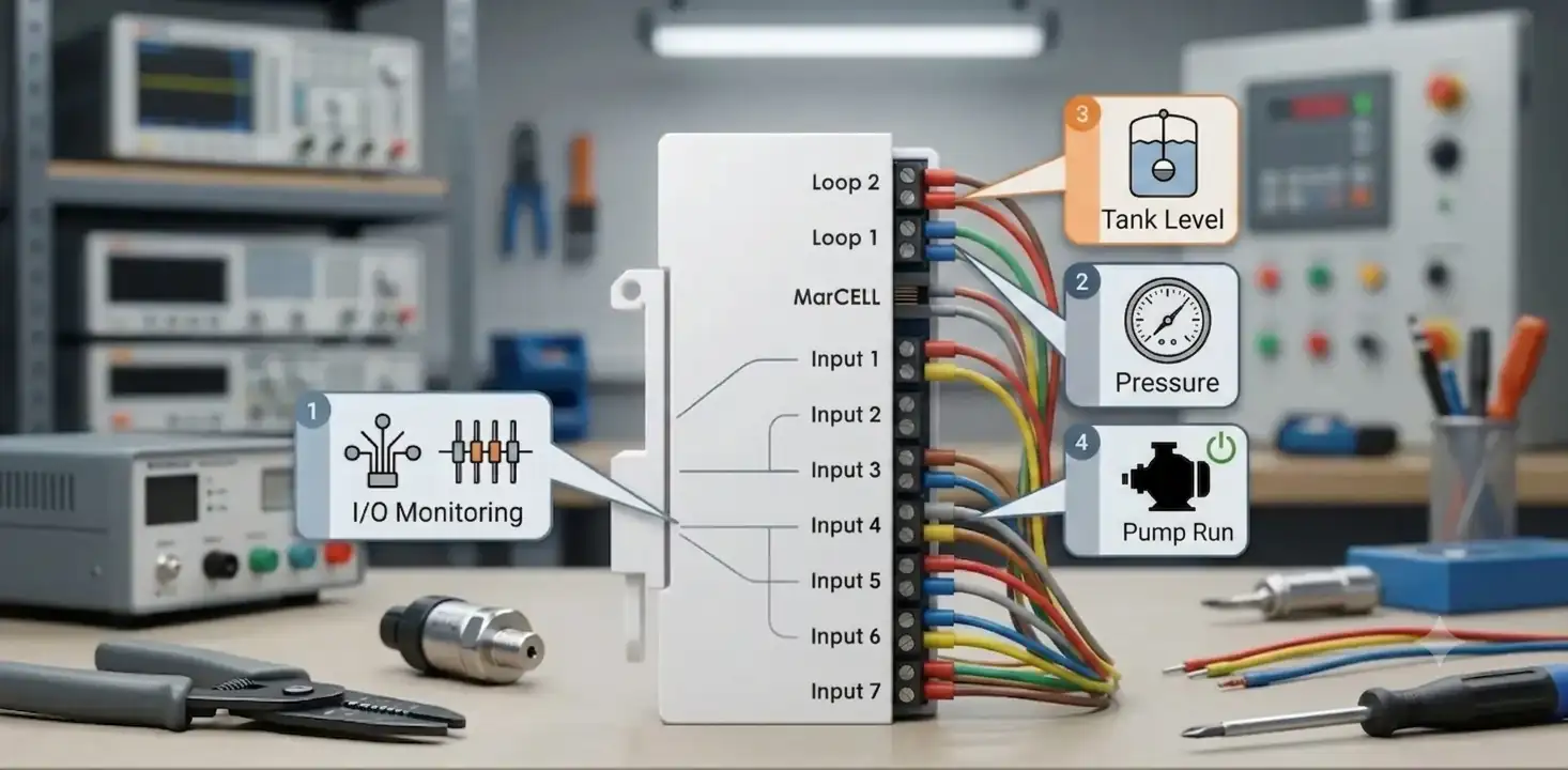 MarCELL Pro industrial monitoring module connected to pressure, tank level, and pump run sensors in a technical workshop.