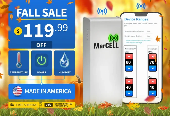 MarCELL fall sale promotion showing the MarCELL monitoring device connected to a smartphone with temperature and humidity alerts.