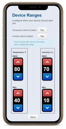 Smartphone displaying MarCELL app screen for configuring temperature and humidity alert ranges.