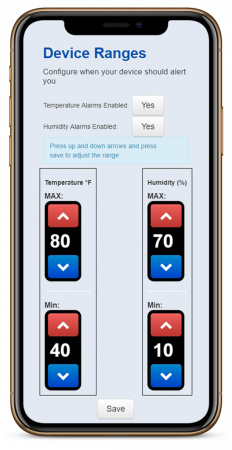 Smartphone displaying MarCELL app screen for configuring temperature and humidity alert ranges.