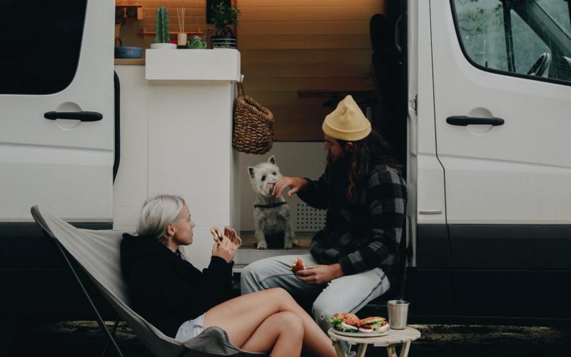 Couple eating beside their camper van with a small dog inside, representing RV and pet temperature monitoring.